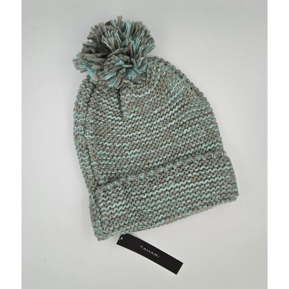 Tahari Light Blue and Gray Pom Hat One Size Fits Most NEW WITH TAGS